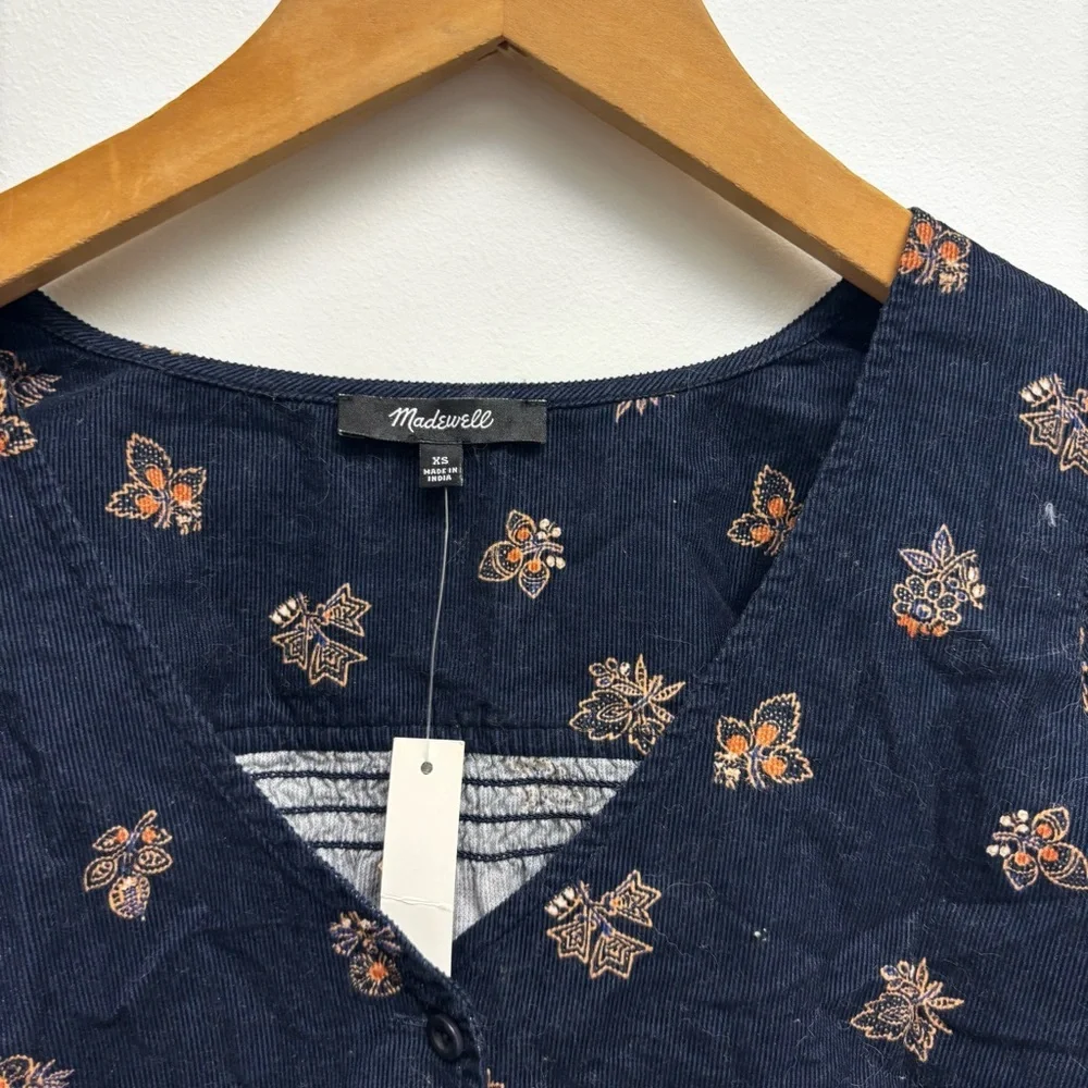 NWT Madewell Corduroy Bubble Sleeve Crop Shirt Britannica Blockprint